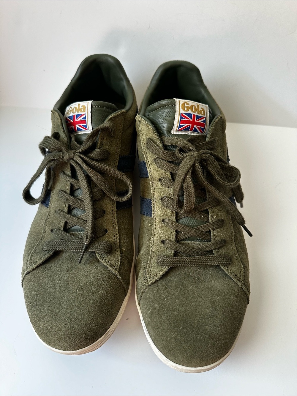 Gola Men's Equipe Olive Green Suede Casual Sneakers Navy Accents size US 13